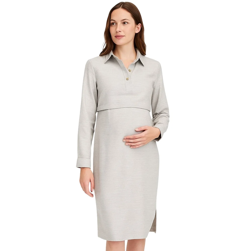 Roolee Light Gray Long Sleeve Polo Maternity Dress